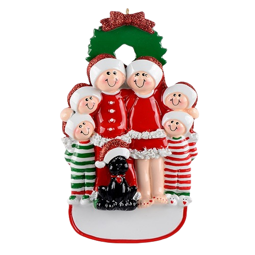 Festive family of six with black dog wearing Santa hats in Christmas Ornaments & Tree Decorations under $50 collection