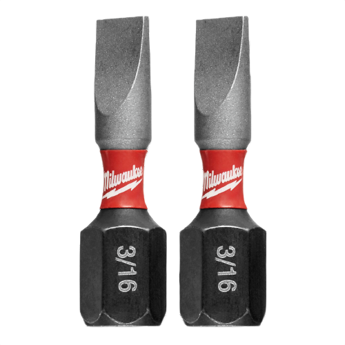 Two Milwaukee slotted impact bits with 3/16 size and red collar for power tool accessories and home improvement tasks