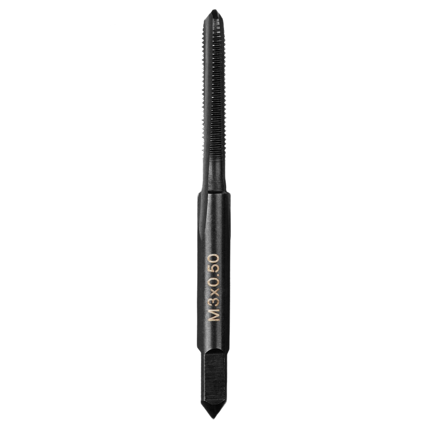 Single black metric straight flute plug tap tool for creating internal threads in home improvement and tool accessories.