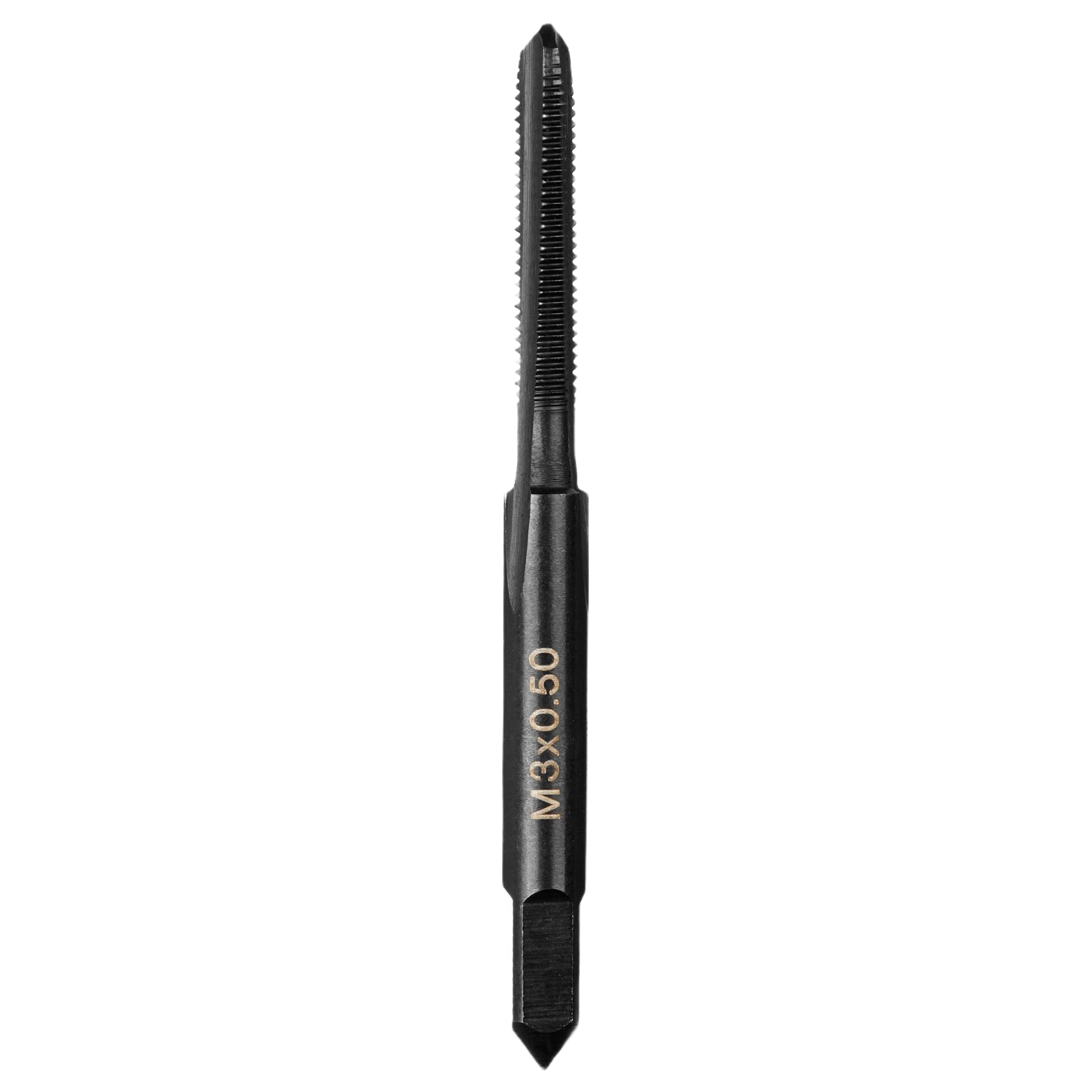 Single black metric straight flute plug tap tool for creating internal threads in home improvement and tool accessories.