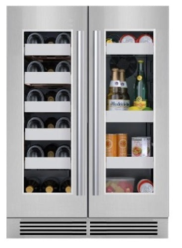 Front view of a stainless steel double-door beverage cooler with glass panels showing wine bottles and assorted drinks inside, featured in Refrigerators, Kitchen & Kitchenware, Beverage Centers, Appliances, and All Products at Hartville Hardware.