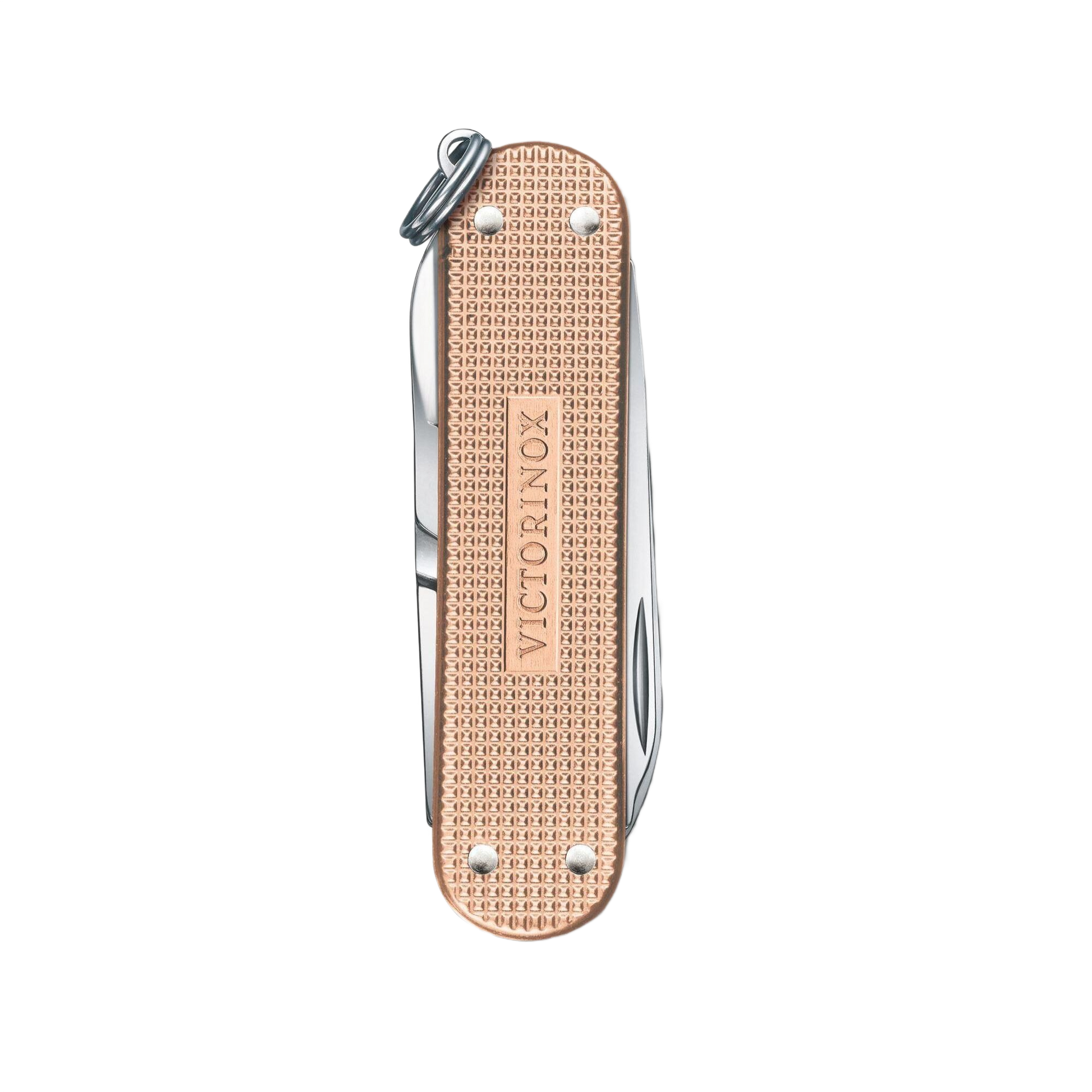 Compact fresh peach pocket knife with textured alox handle and stainless steel tools for everyday use and home improvement tasks