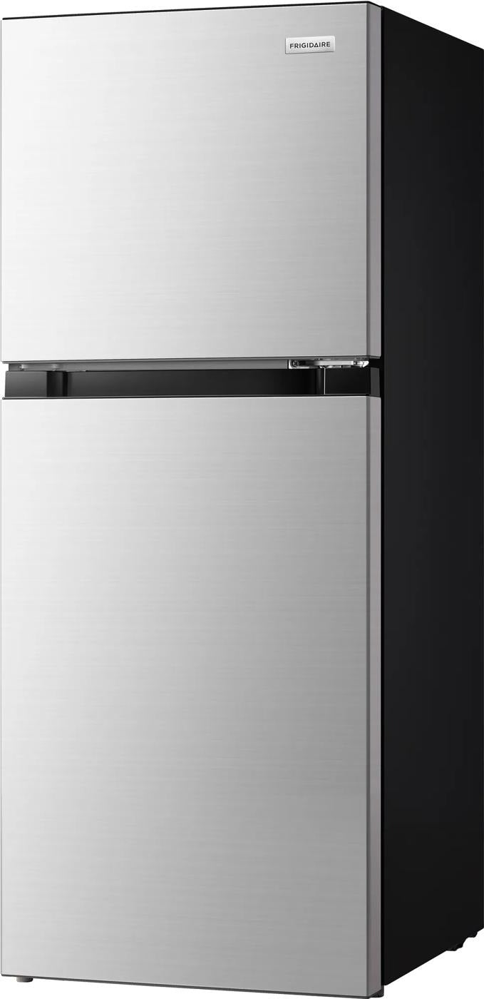 Compact refrigerator with a top freezer and smooth stainless steel doors, designed for Refrigerators, Mini Refrigerators, Kitchen & Kitchenware, and Appliances collections.