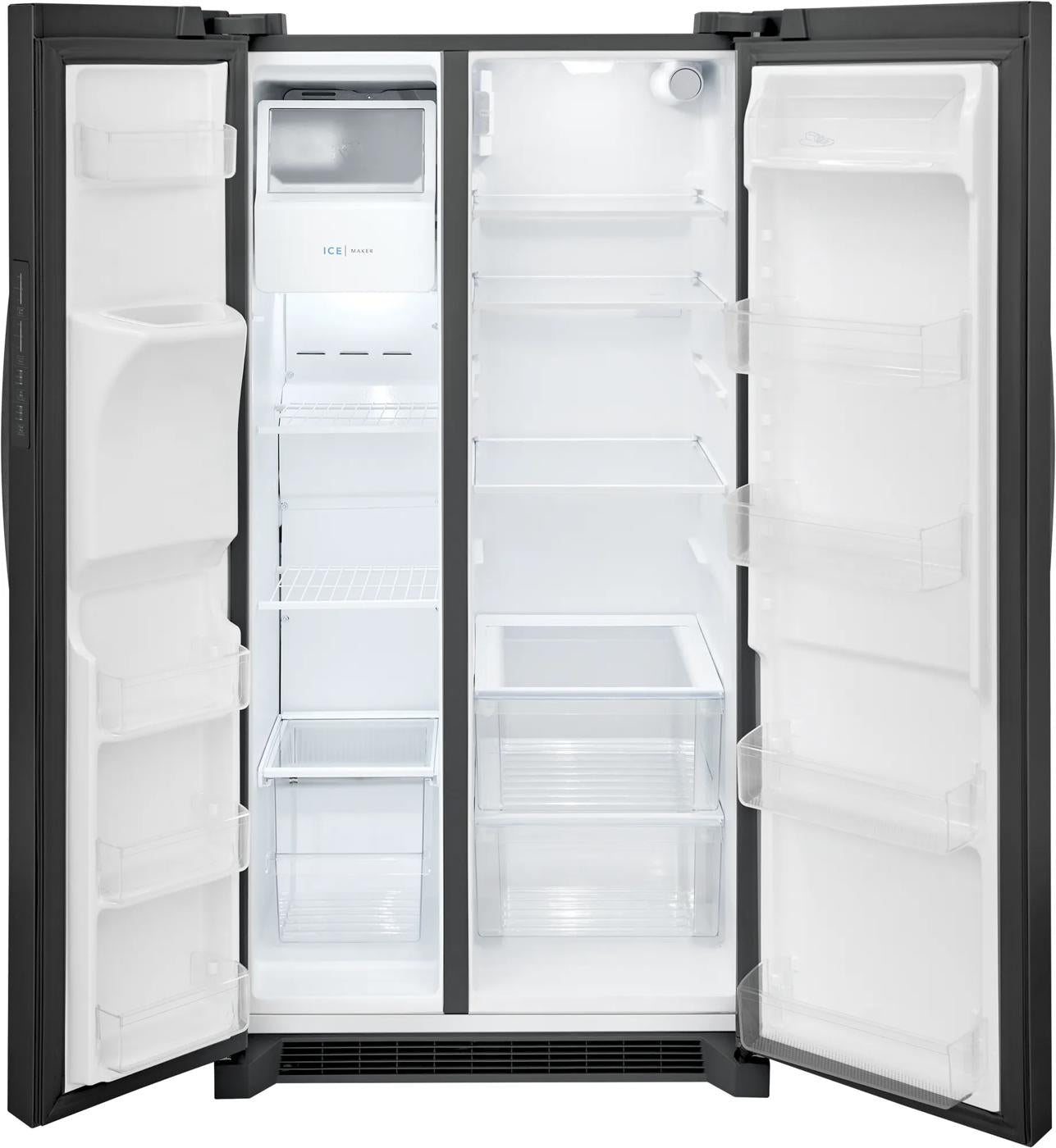 Open black standard depth side-by-side refrigerator with clear shelves and door bins in kitchen appliances collection