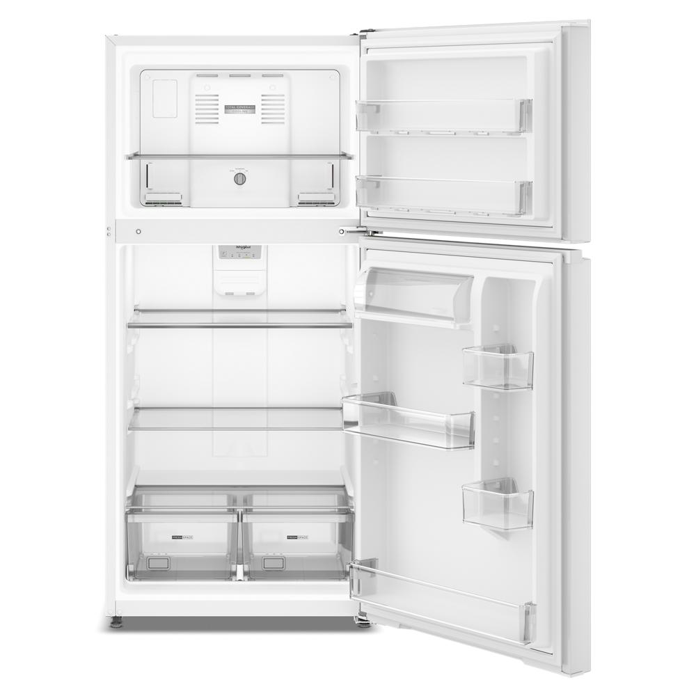 White top freezer refrigerator with adjustable door bins and flexible deli drawer for organized kitchen storage and appliances collections