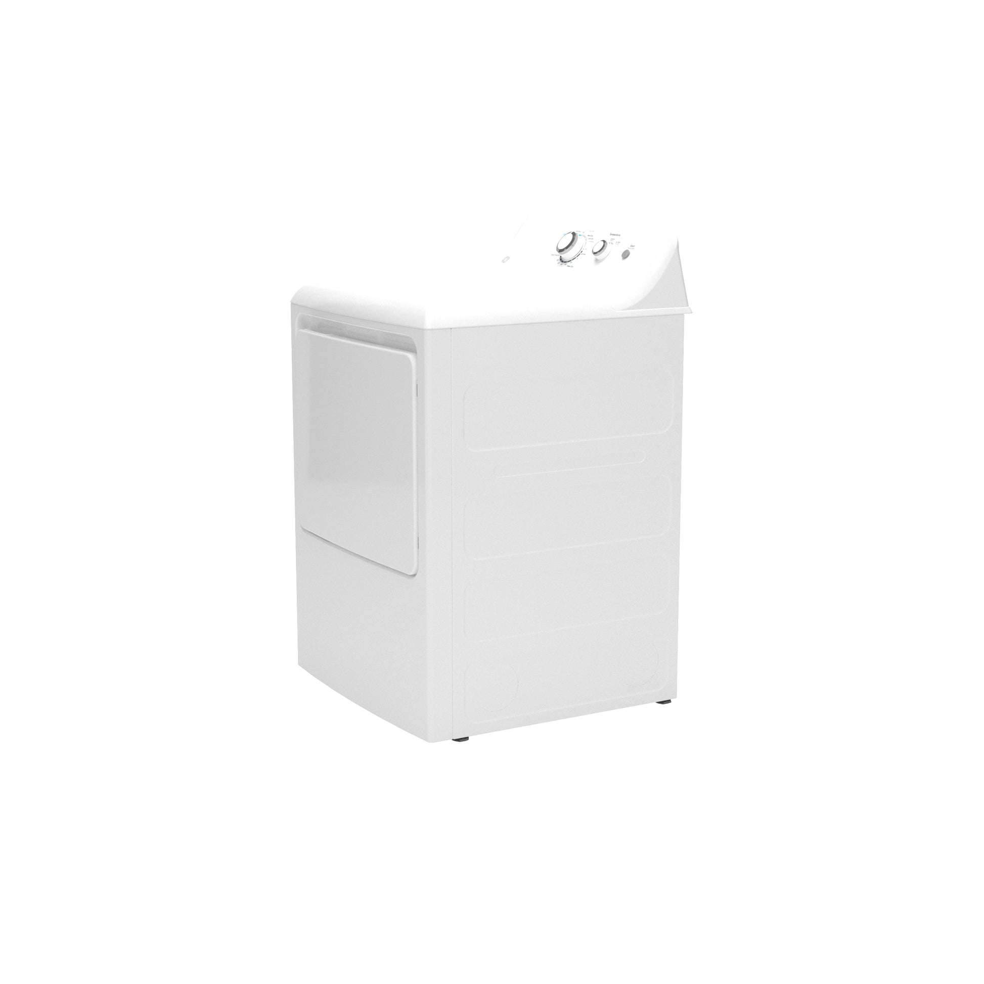 White gas dryer with top dial controls and side panel in appliance setting from Dryers and Home Improvement collections