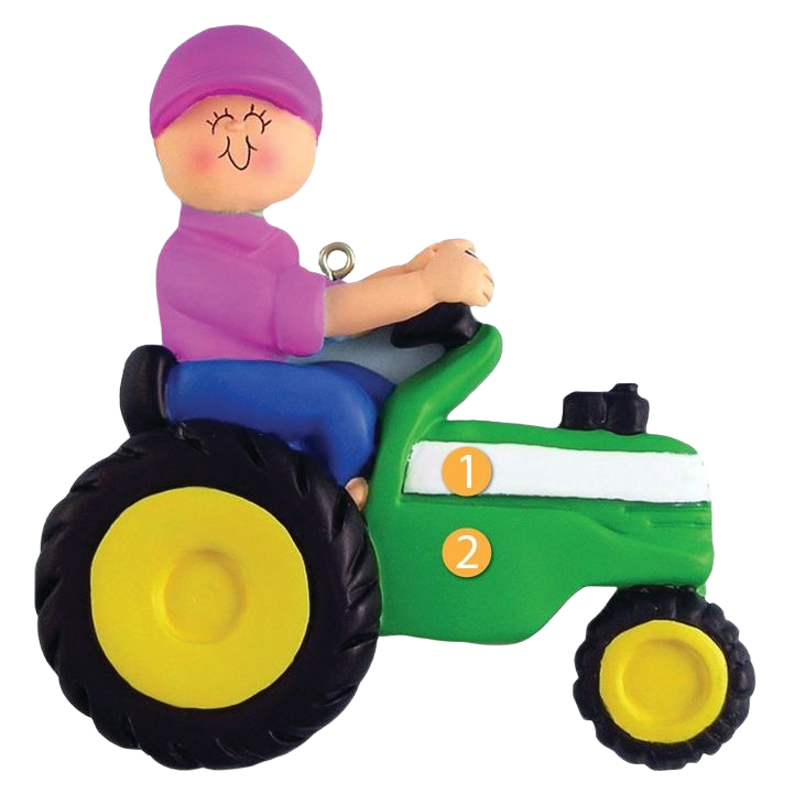 Whimsical Christmas ornament of a woman in purple outfit driving a bright green tractor under $50 holiday decor collection