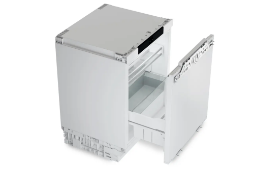 White undercounter refrigerator drawer with open pull-out compartment and panel-ready front, designed for kitchens and appliance collections including refrigerators and home improvement.