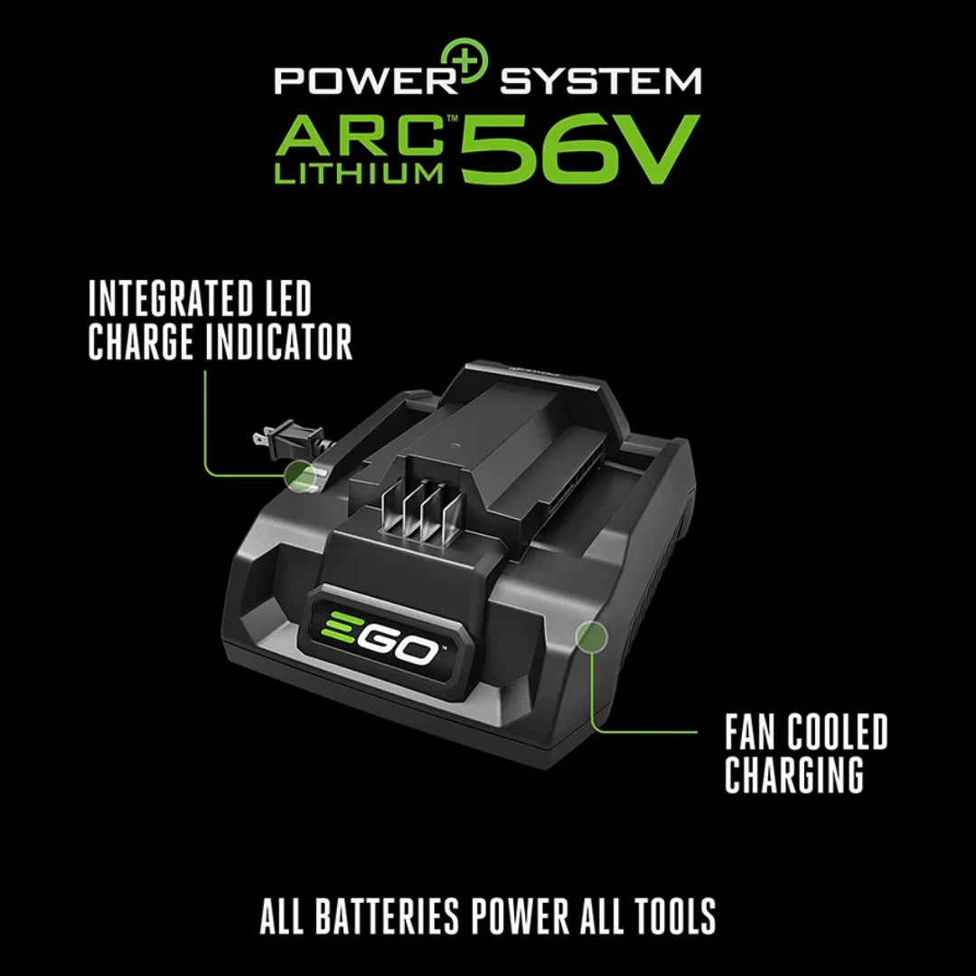 Black 56V EGO POWER+ battery charger with integrated LED indicator and fan cooling for tools and home improvement use