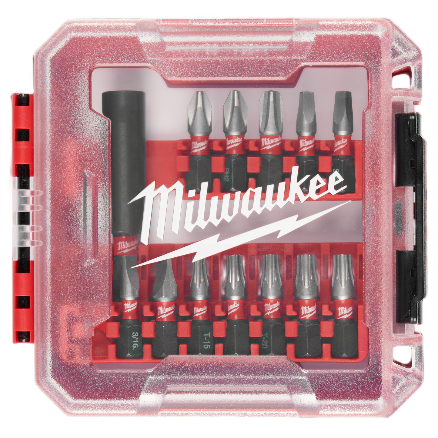 Compact 13-piece Milwaukee impact driver bit set in red case for power tool accessories and home improvement tasks
