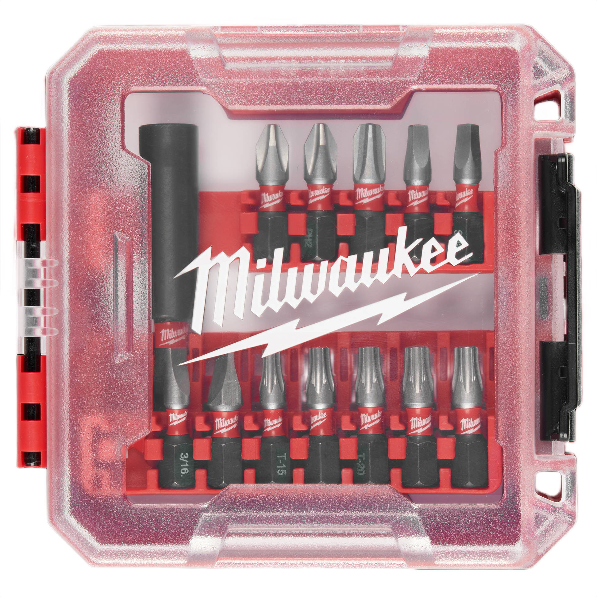 Compact 13-piece Milwaukee impact driver bit set in red case for power tool accessories and home improvement tasks