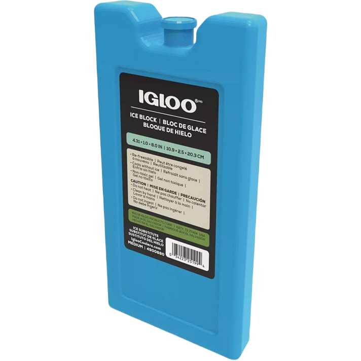 Blue reusable ice pack with label, designed to keep medium coolers chilled for home and outdoor use