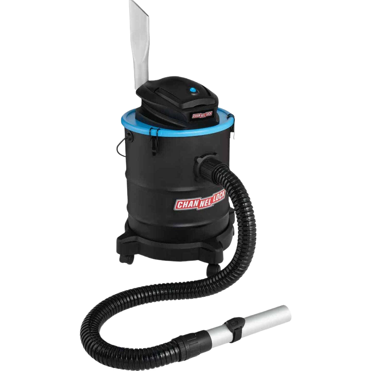 Black and blue ash vacuum with flexible hose and metal nozzle for tools and home improvement tasks