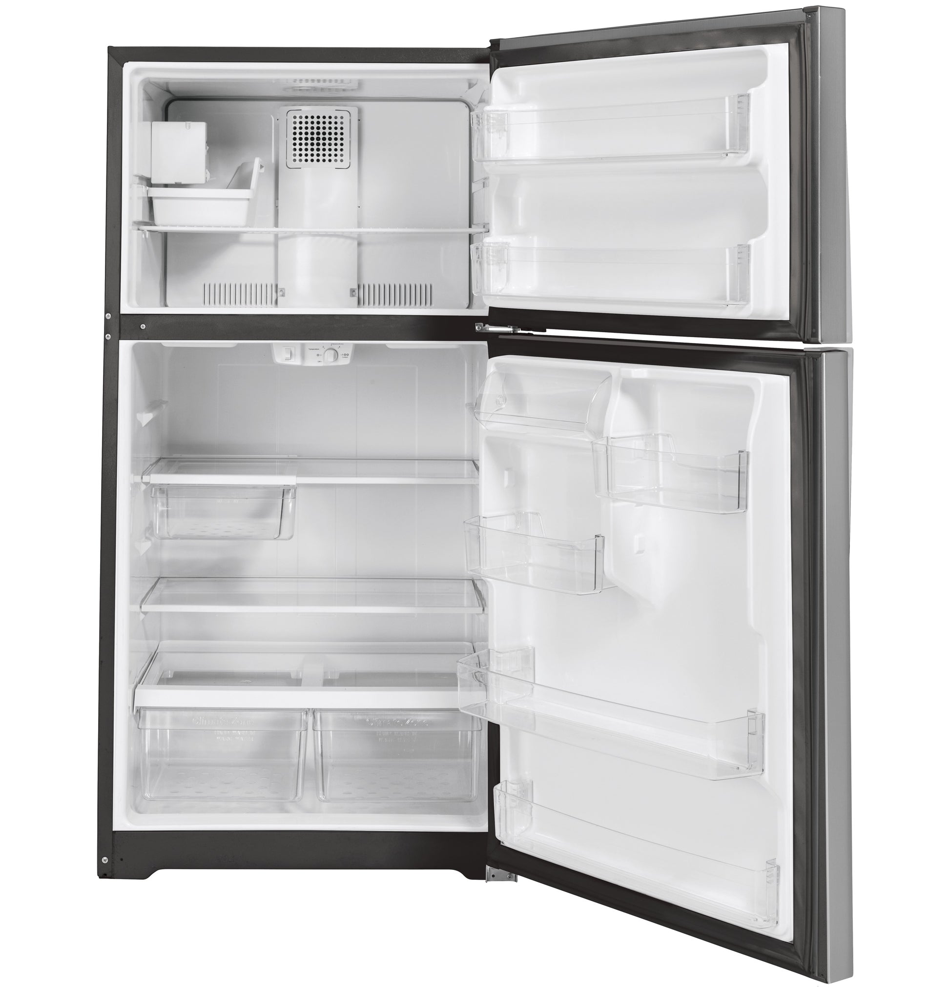 Open stainless steel GE top-freezer refrigerator showing empty interior shelving in Appliances collection