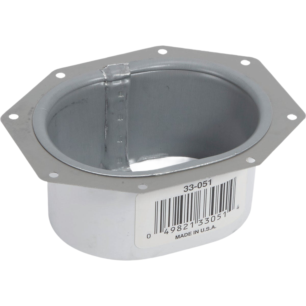 White galvanized metal downspout C-outlet with mounting flange and barcode label for home improvement use