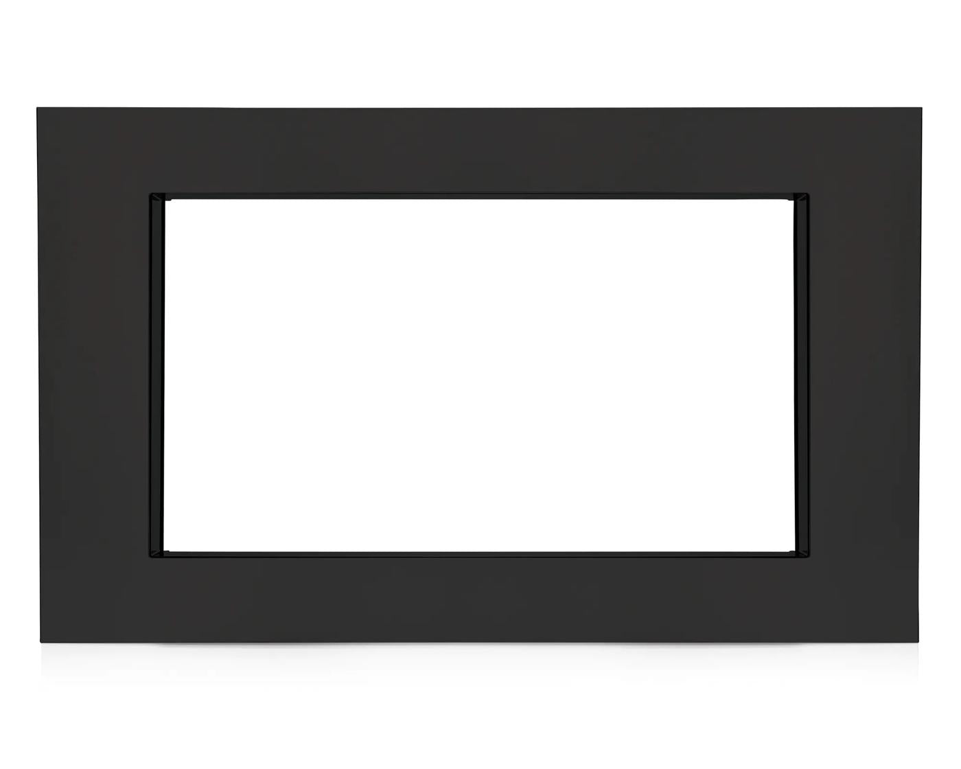 Black stainless steel trim kit frame designed for built-in microwave installation in kitchen appliance collection