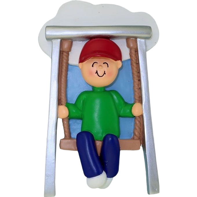 Male figure on swing wearing red hat and green shirt Christmas ornament for holiday décor under $50 collection