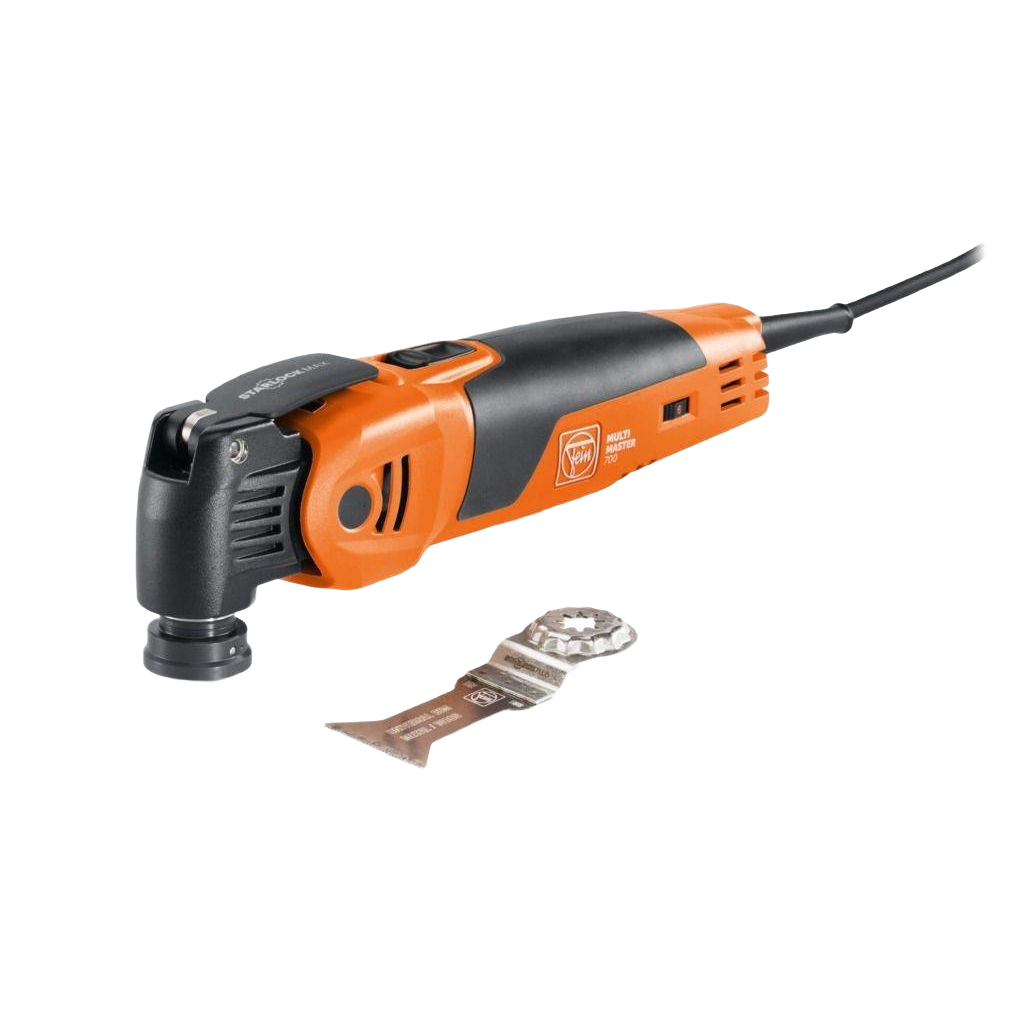 Orange and black oscillating multitool with attached blade for precise cutting and home improvement projects