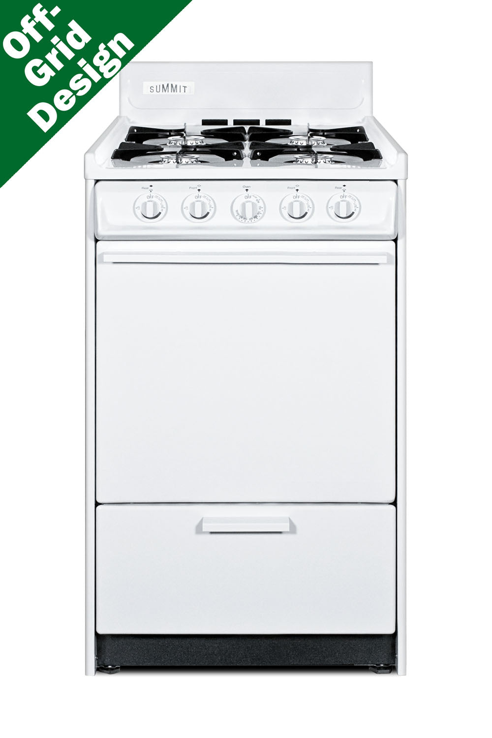 Compact white propane gas range with four burners and battery start for off-grid kitchens and home improvement collections