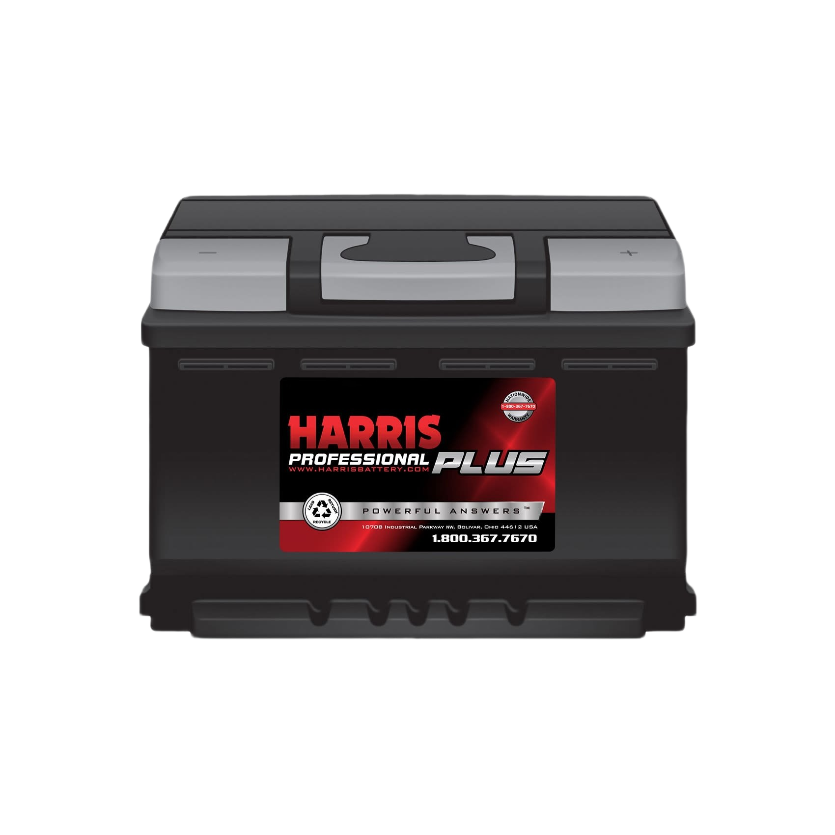 Harris Professional Plus automotive flooded lead acid battery with black casing for reliable starting and ignition use