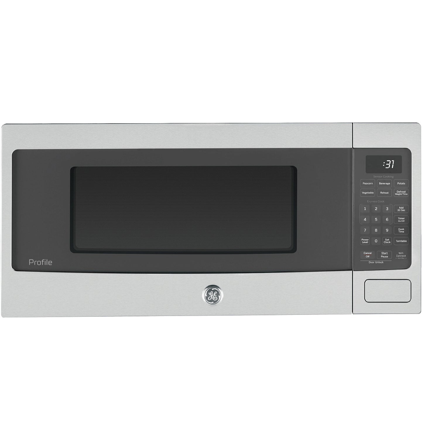 Stainless steel countertop microwave oven with digital control panel and dark glass window from kitchen appliances collection