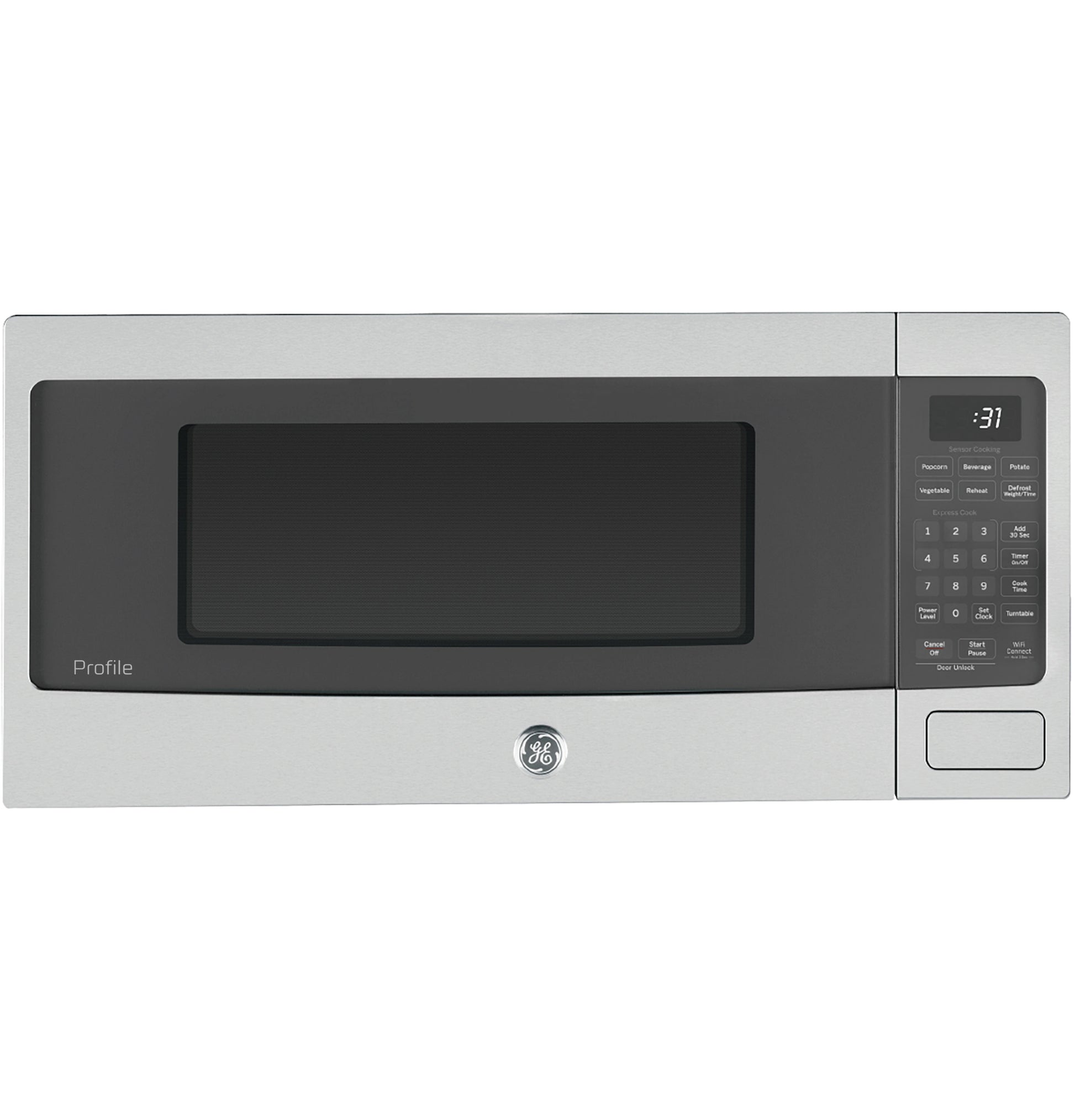 Stainless steel countertop microwave oven with digital control panel and dark glass window from kitchen appliances collection