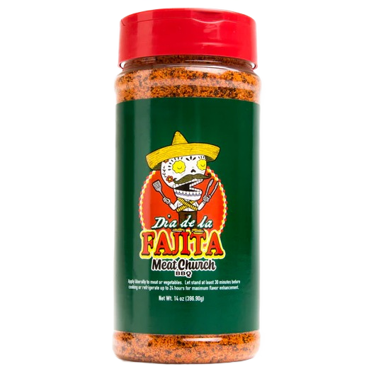Plastic bottle of southwestern-style fajita seasoning with red lid in grilling sauces and spices collection