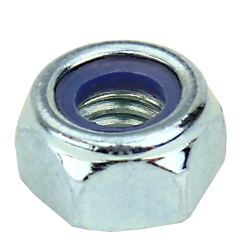 Hexagonal metal lock nut with blue nylon insert for secure fastening in John Deere parts and hardware collections under $50