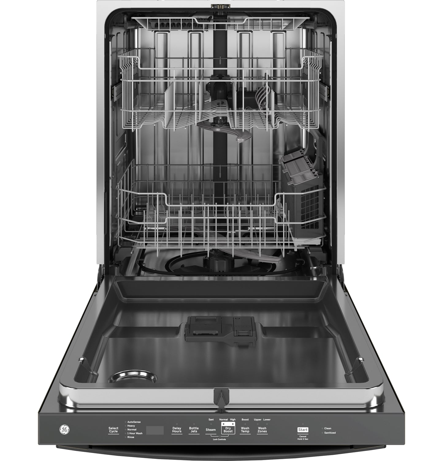 Open built-in dishwasher with stainless steel interior, adjustable racks, and sanitize cycle in appliances collection