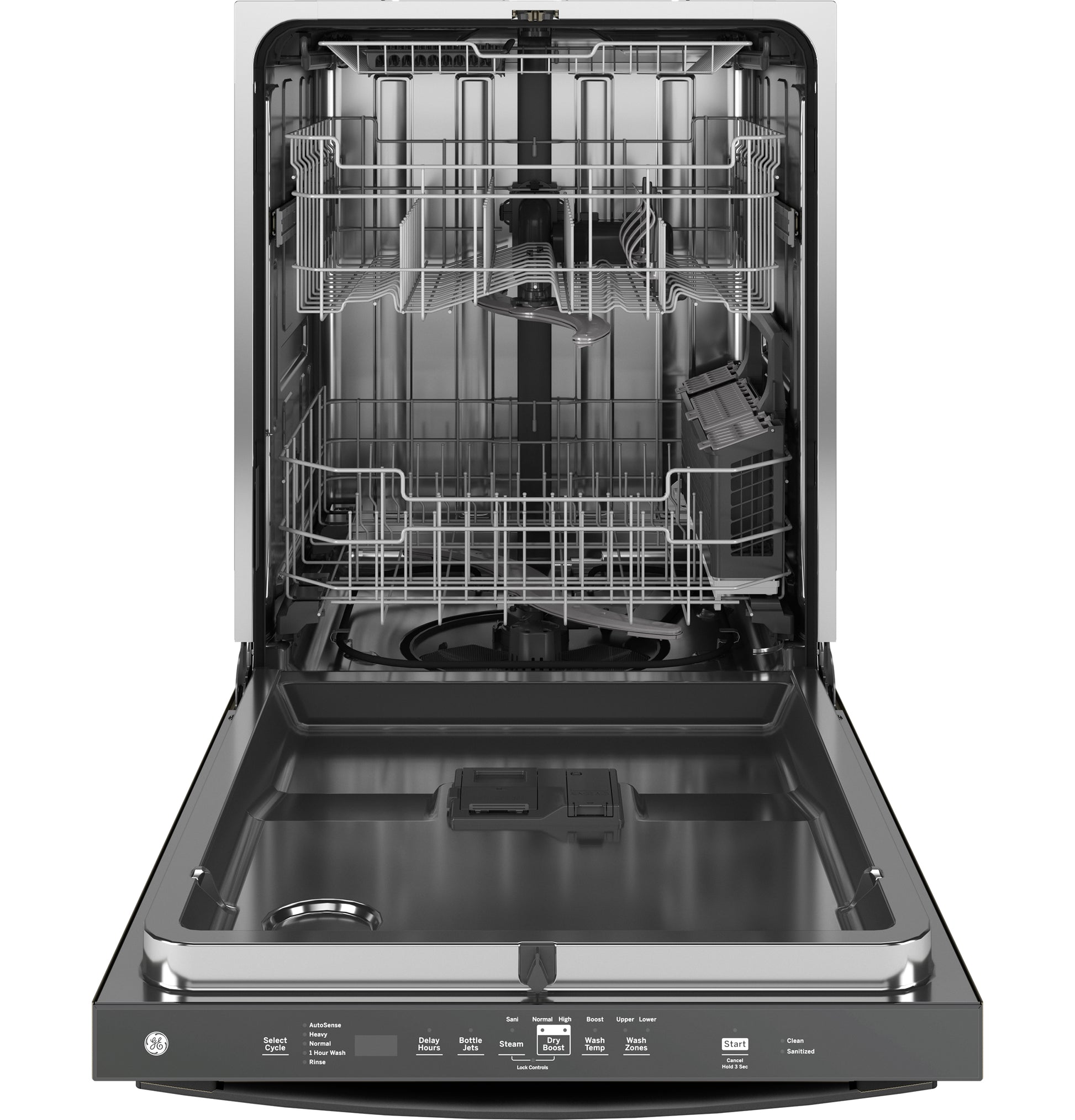 Open built-in dishwasher with stainless steel interior, adjustable racks, and sanitize cycle in appliances collection