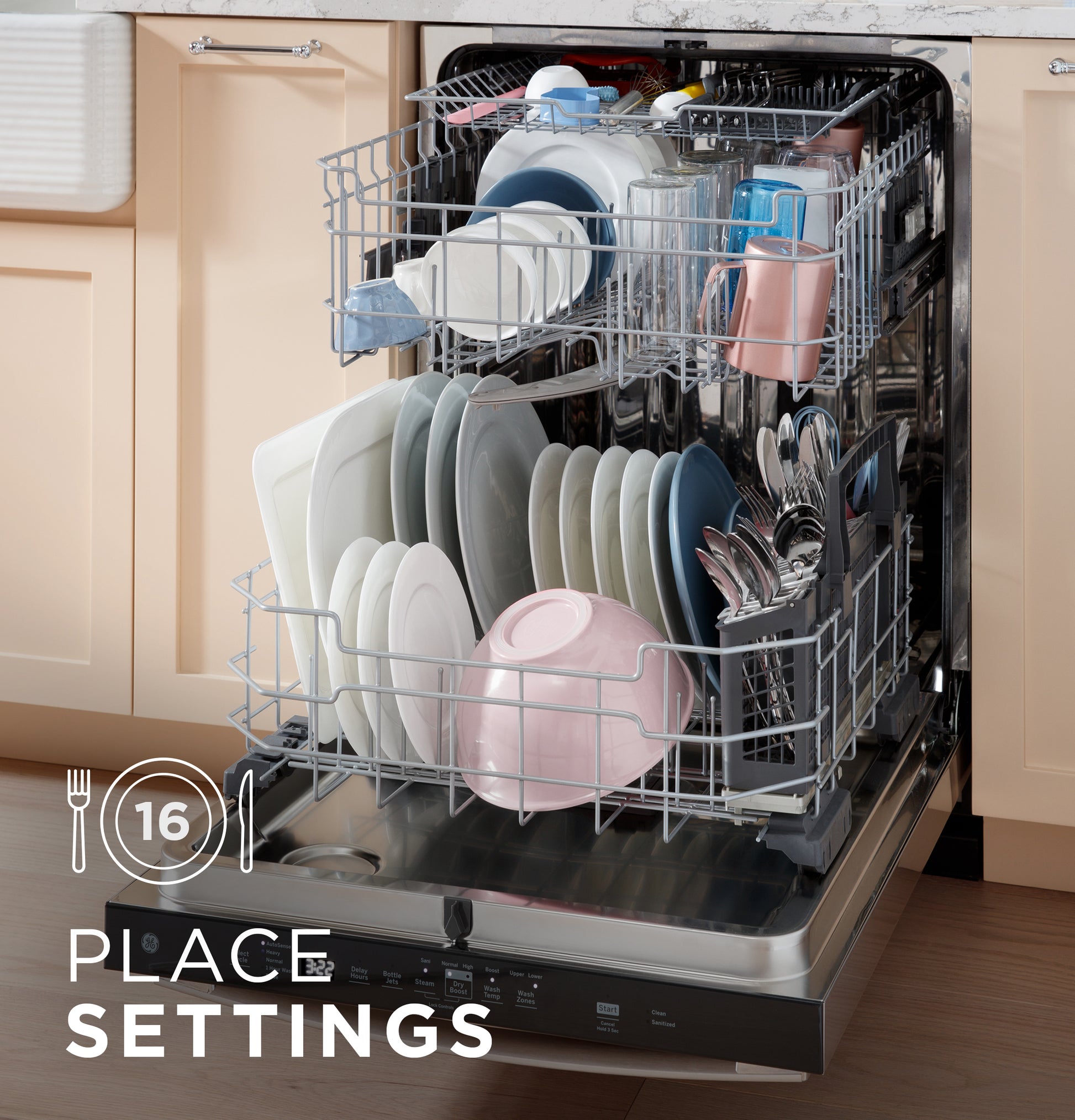 Open dishwasher loaded with clean plates, bowls, glasses, and utensils in a modern kitchen setting.