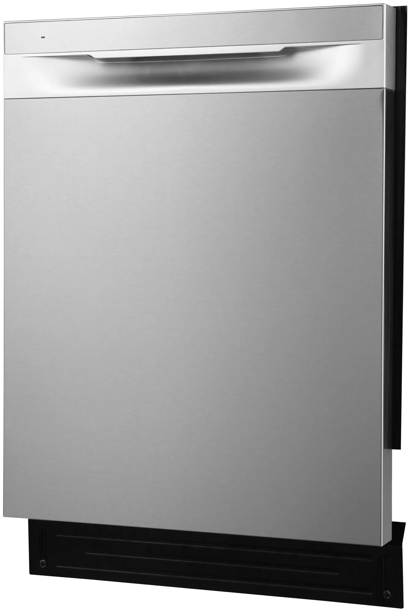 Freestanding stainless steel dishwasher with recessed handle and black base, appliance for kitchen and home improvement