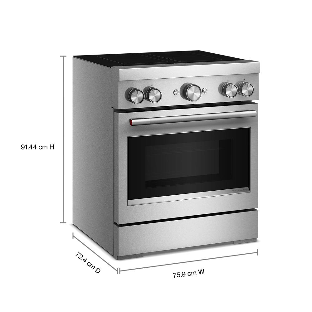 Stainless steel freestanding induction range with four elements, commercial-style knobs, and convection oven in kitchen appliances collection