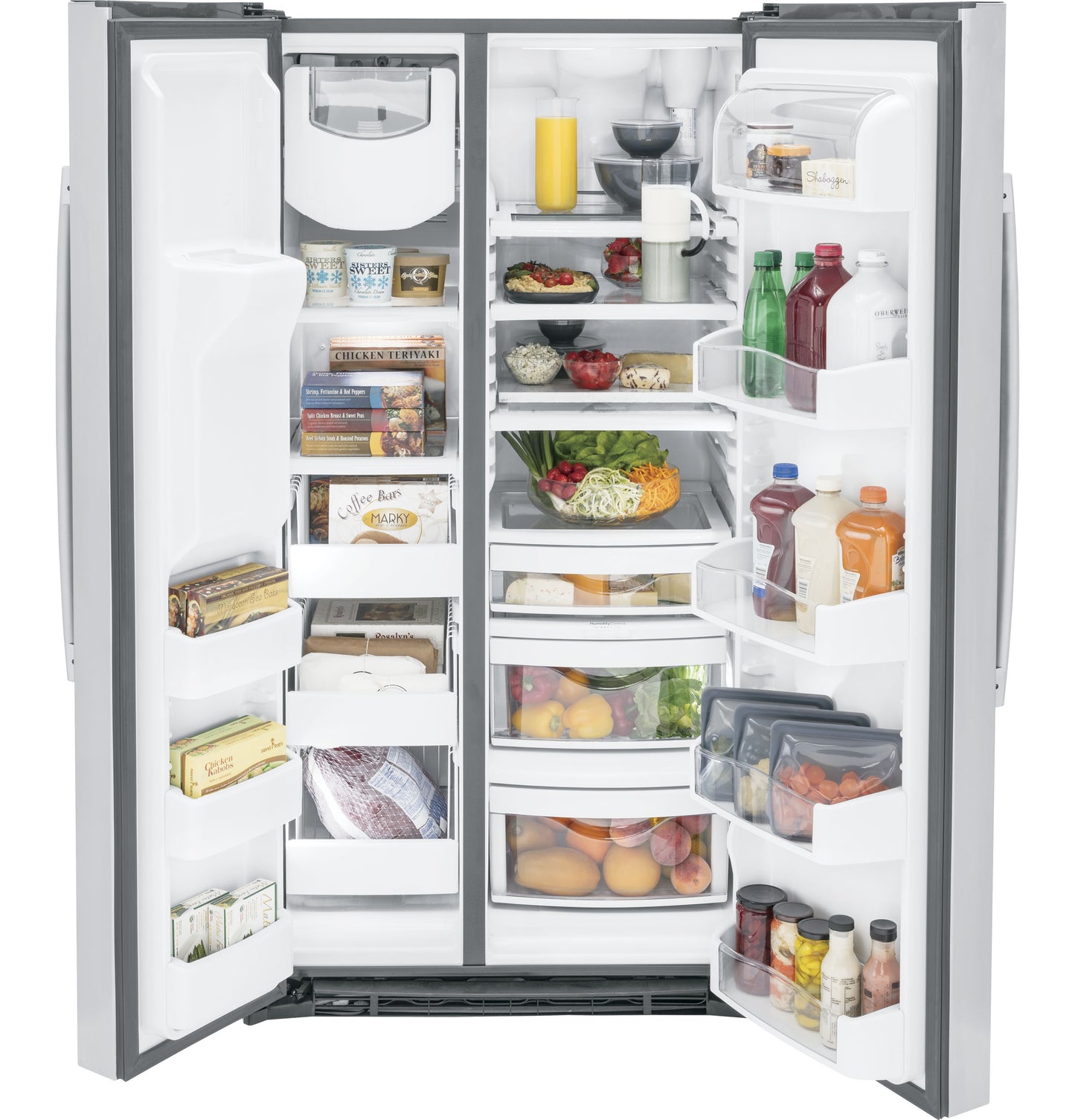 Open stainless steel side-by-side refrigerator with organized fresh foods and beverages in kitchen and appliances collection