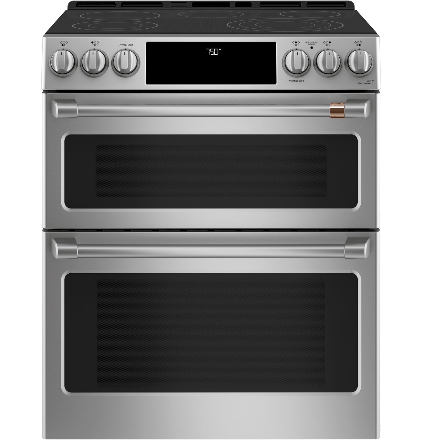 Front view of stainless steel slide-in double-oven electric range with radiant cooktop and digital control panel in kitchen appliances collection