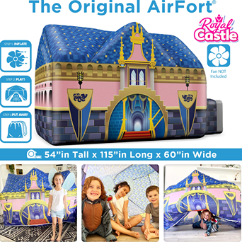 Inflatable play fort with royal blue and pink castle design for indoor children’s imaginative play and fun activities