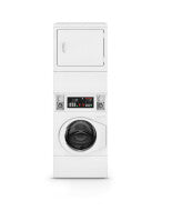 White commercial-grade coin drop stack washer and gas dryer with front controls in Appliance laundry centers and Washers & Dryers collections