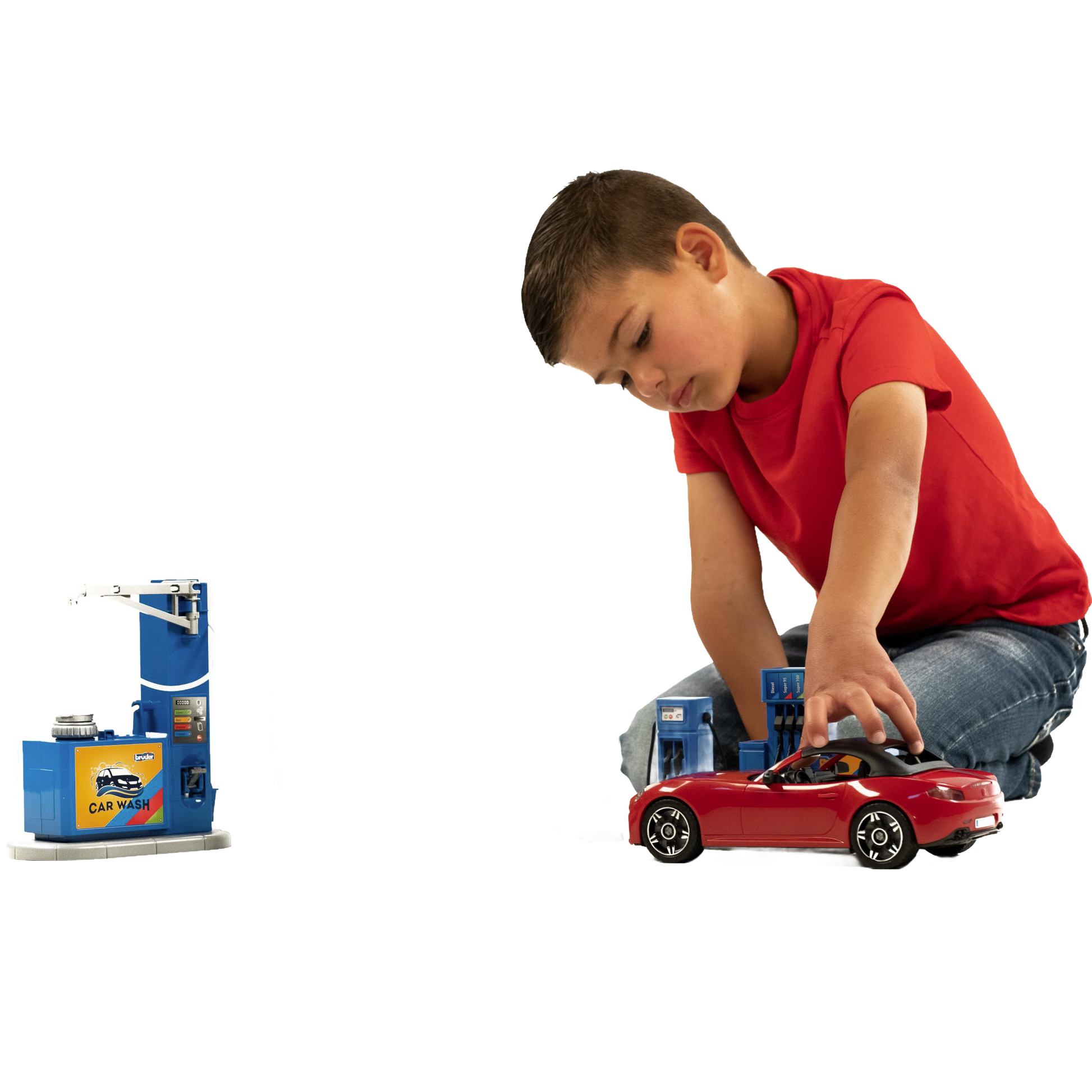 Child playing with Bruder Bworld Gas Station with Car Wash toy set featuring red sports car and car wash station
