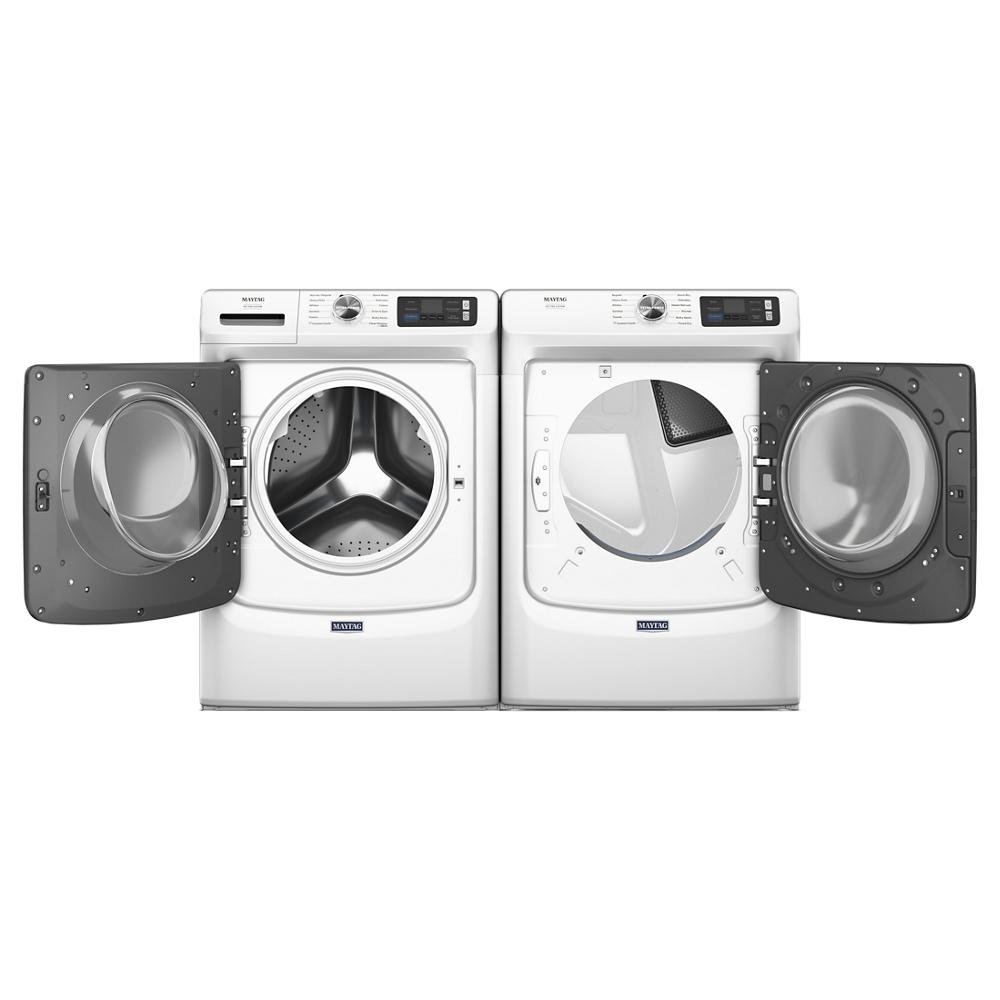 White front load washer and dryer set with open doors, digital control panels, and modern appliance design from Washers & Dryers collection