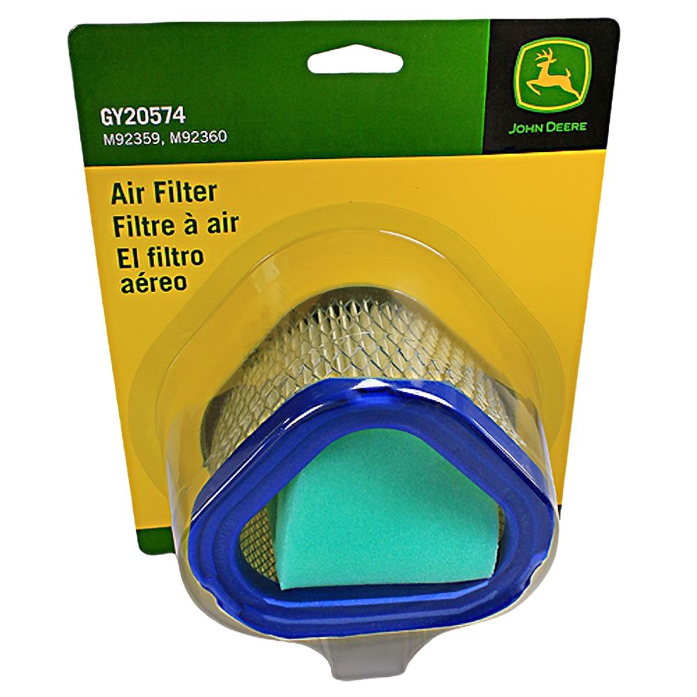 Triangular air filter with blue frame and foam element in John Deere branded packaging for tractor maintenance parts
