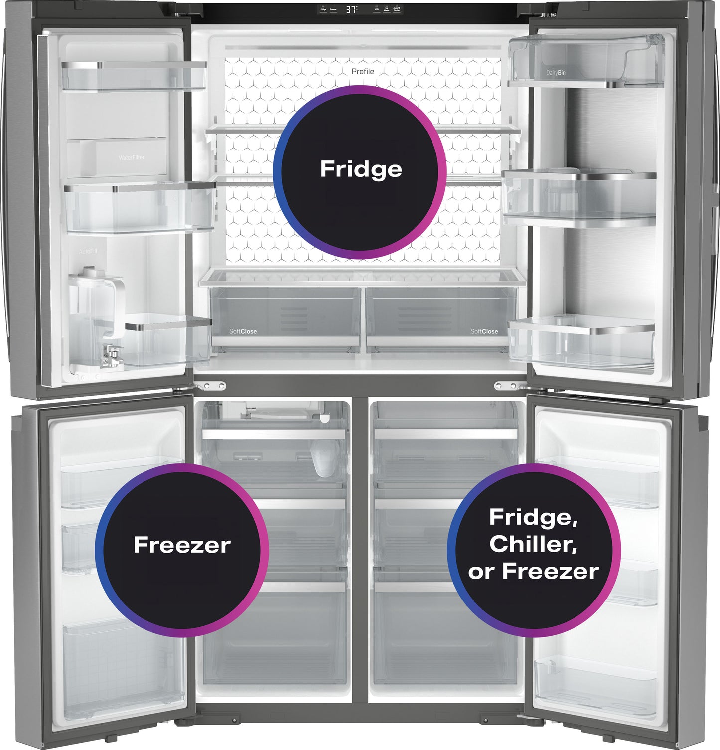 Energy Star counter-depth quad-door refrigerator with multiple transparent shelves and dual compartments in appliances collection