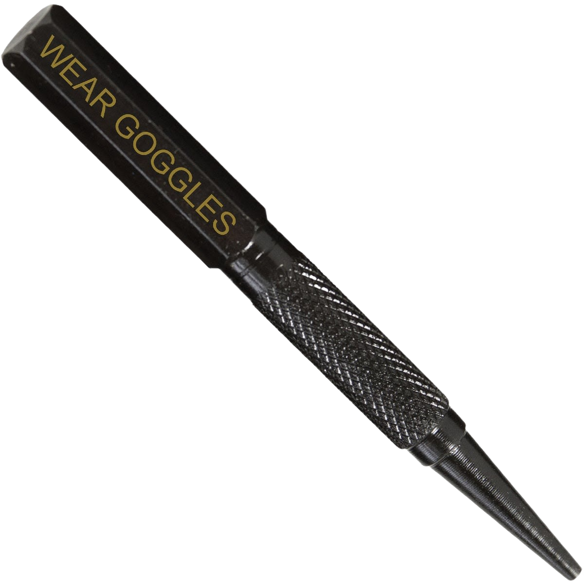 Black carbon steel nail set with knurled grip and engraved safety reminder for use in tools and home improvement tasks