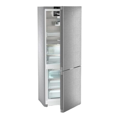 Freestanding stainless steel bottom freezer refrigerator with open doors showing organized interior shelves in Appliances collection