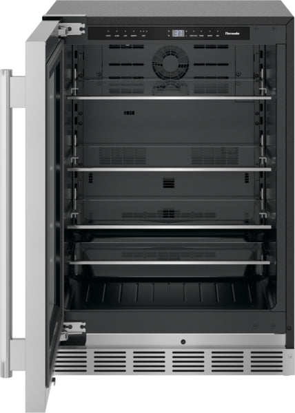 Under counter stainless steel refrigerator with glass door, multiple adjustable shelves, and left hinge for kitchen appliances collections