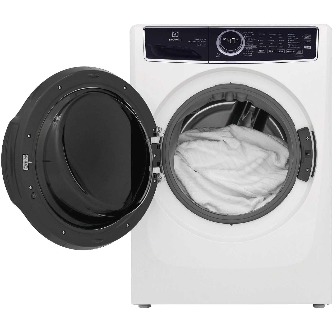 White front load washer with open door showing white laundry inside, part of appliances and washers collection