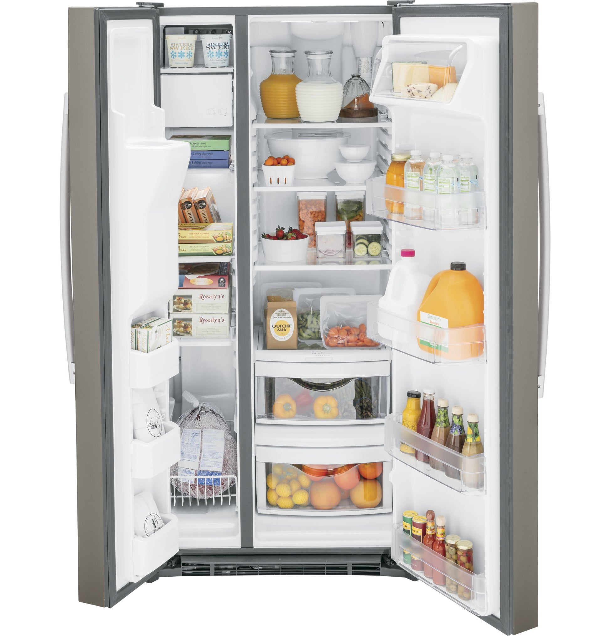 Open stainless steel side-by-side refrigerator with organized shelves filled with drinks, fresh produce, and packaged foods in kitchen appliances