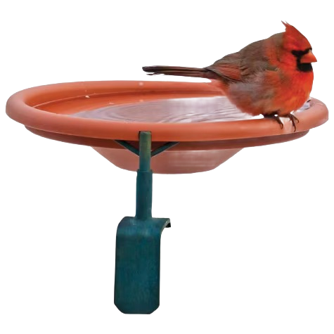 Terracotta-colored deck-mounted birdbath with green metal bracket holding water for attracting birds in outdoor spaces