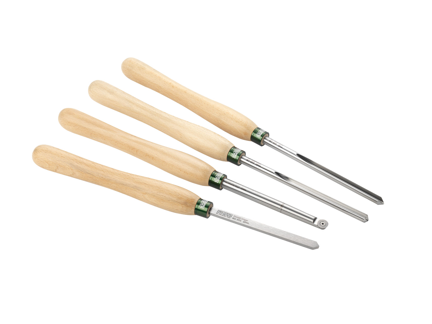 Set of four woodturning tools with ergonomic wooden handles and high-speed steel blades for woodworking projects