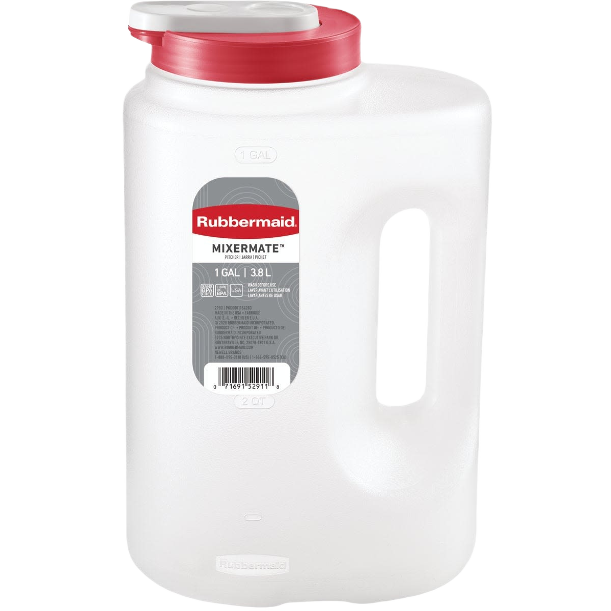 White plastic storage bottle pitcher with red seal lid and built-in handle for easy pouring and home use