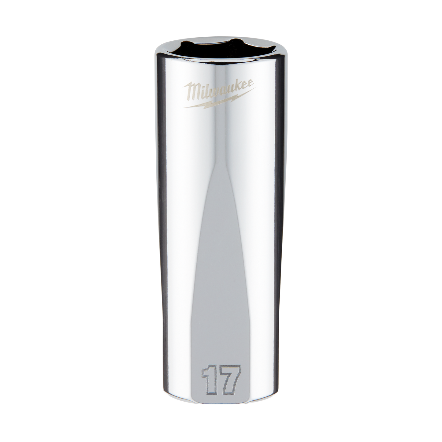 17mm deep chrome socket with four flat sides, part of Milwaukee hand tools for woodworking and home improvement collections